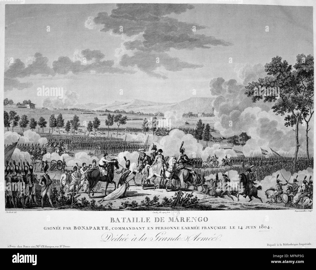 Napoléon à la bataille de Marengo, le 14 juin 1800. Les forces françaises sous Napoléon défait les autrichiens. Gravure Banque D'Images