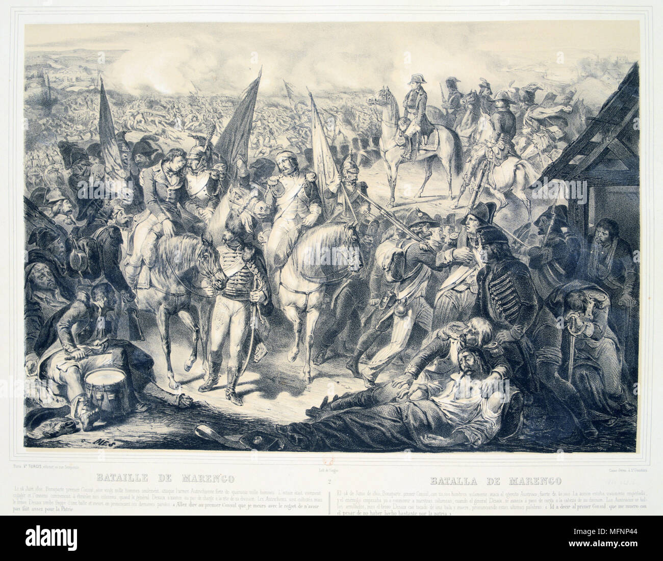 Bataille de Marengo, le 14 juin 1800. Les forces françaises sous Napoléon défait les autrichiens. Le général français Louis Desaix mortellement blessé, pris à l'écart de la bataille. Il est décédé le 30 mai. LLithograph colorée à la main. Banque D'Images