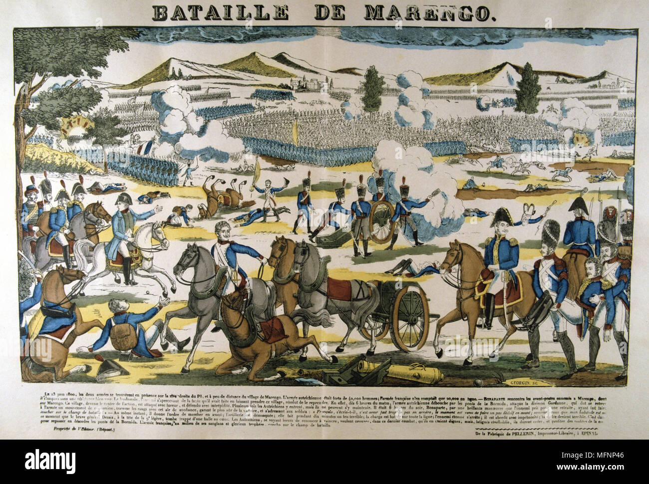 Bonparte, centre gauche, à la bataille de Marengo, le 14 juin 1800. Les forces françaises sous Napoléon défait les autrichiens. Le Français populaire à la main, gravure sur bois. Banque D'Images