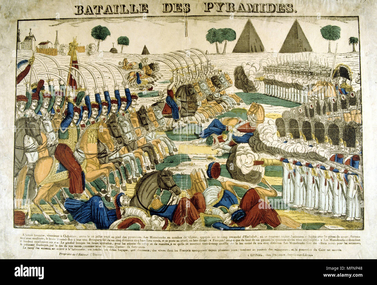 Bataille des Pyramides aussi appelée Bataille d'Embabeh, 21 juillet 1798. L'armée française en Egypte sous Napoléon victorieuse contre les Mamelouks. Le Français populaire à la main, gravure sur bois. Banque D'Images