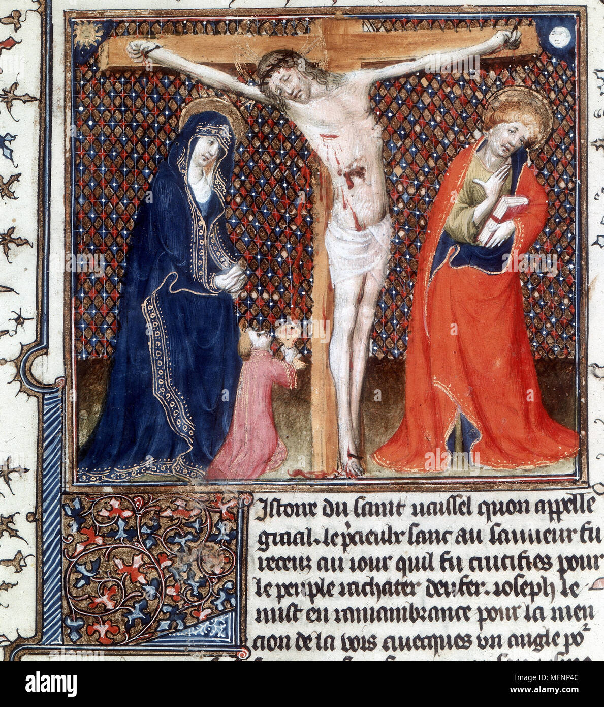 Joseph d'Arimethea à la crucifixion du Christ, recevant le sang du Sauveur dans la cale Graal. À partir de 'L'Histoire du Graal". Manuscrit du 15e siècle. Banque D'Images