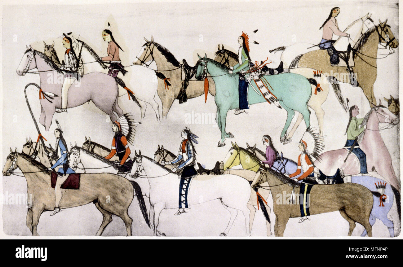 Des guerriers Sioux s'éloignant des chevaux capturés après avoir défait les troupes de Custer. C Peinture 1900 par Amos mauvais coeur Buffalo. Banque D'Images
