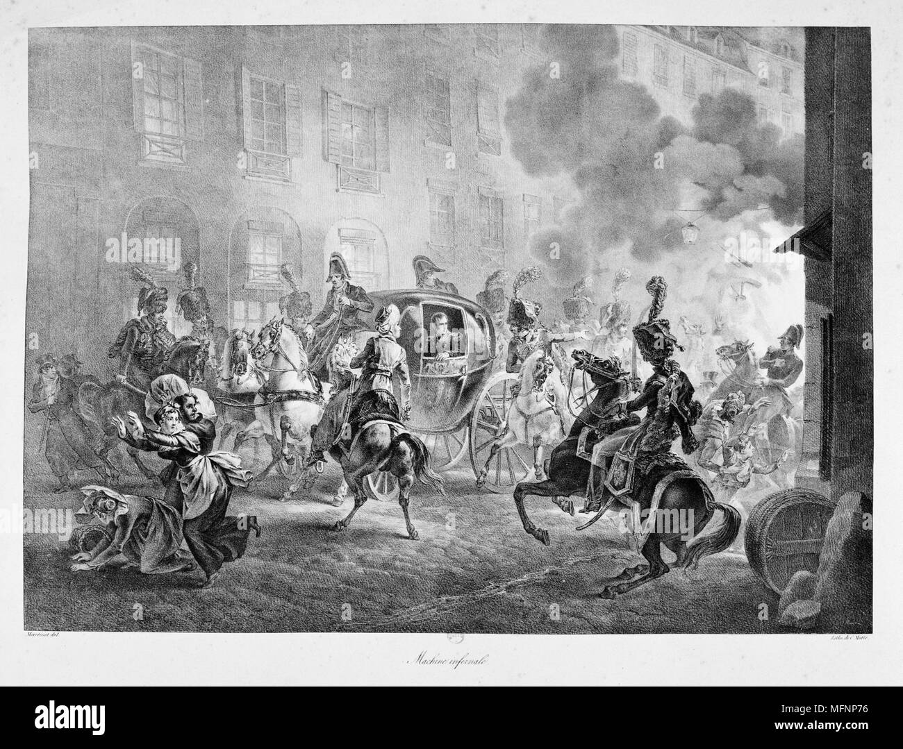 Attentat à la vie de Napoléon Bonaparte, Paris, le 24 décembre 1800. Napoléon en son entraîneur passé indemne mais beaucoup ont été blessées et de nombreuses maisons détruites par l'explosion. Gravure Banque D'Images