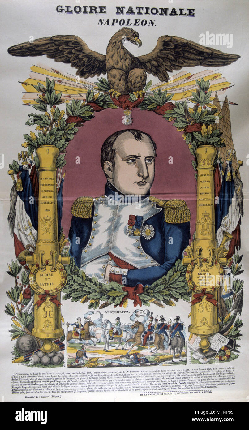 La bataille d'Austerlitz, 2 décembre 1805. La victoire française sur l'Autriche et la Russie ont mené au Traité de Presbourg, le 26 décembre 1805. Impression allégorique glorifiant Napoléon Ier. Banque D'Images