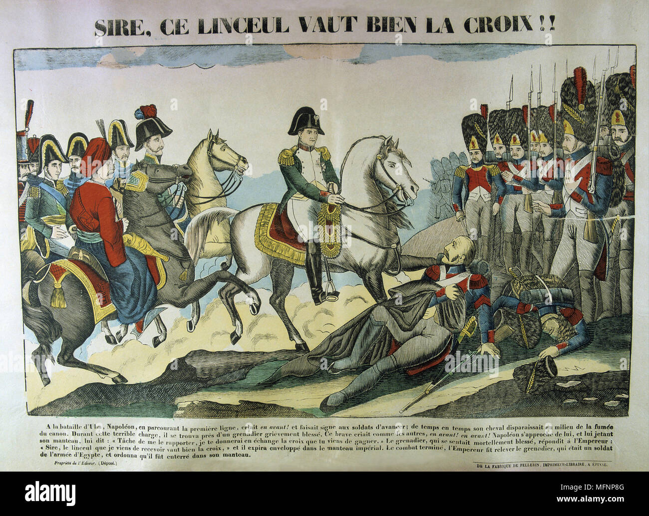 Napoléon Ier à la bataille d'Ulm, 16-19 octobre 1805. Le résultat a été un franc la victoire française à la capture de l'ensemble de l'armée autrichienne . Napoléon parlant avec un grenadier français blessés. 19e siècle populaire à la main, gravure sur bois. Banque D'Images