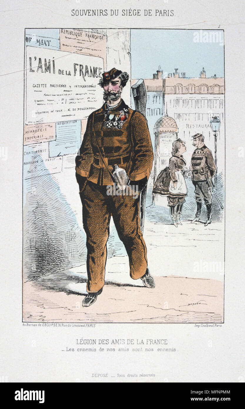 Guerre franco-prussienne de 1870-1871 : Siège de Paris 19 sept 1870-28 Jan 1871. Membre de la Légion d'Amis de la France, composé de belges, italiens et britanniques résidents. À partir de la 'Souvenirs du siège de Paris par Jules Renard Draner. France Allemagne Banque D'Images