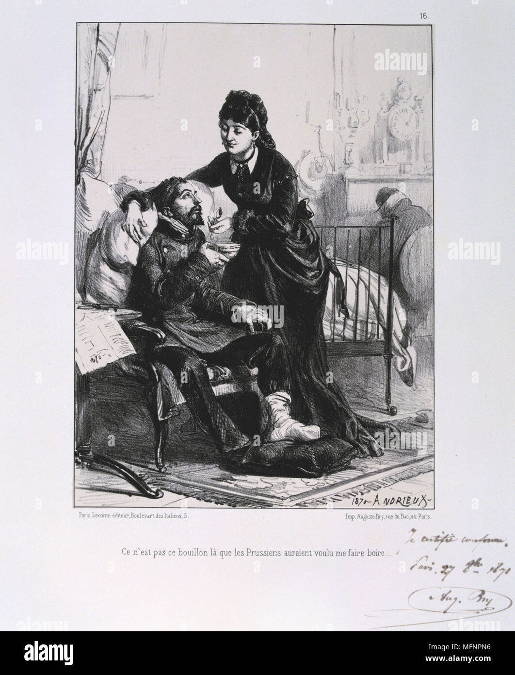 Guerre franco-prussienne de 1870-1871 : un soldat blessé est soigné et nourri. À partir d'une série de lithographies de Clement Août Andrieux sur les Gardes Nationales. Banque D'Images