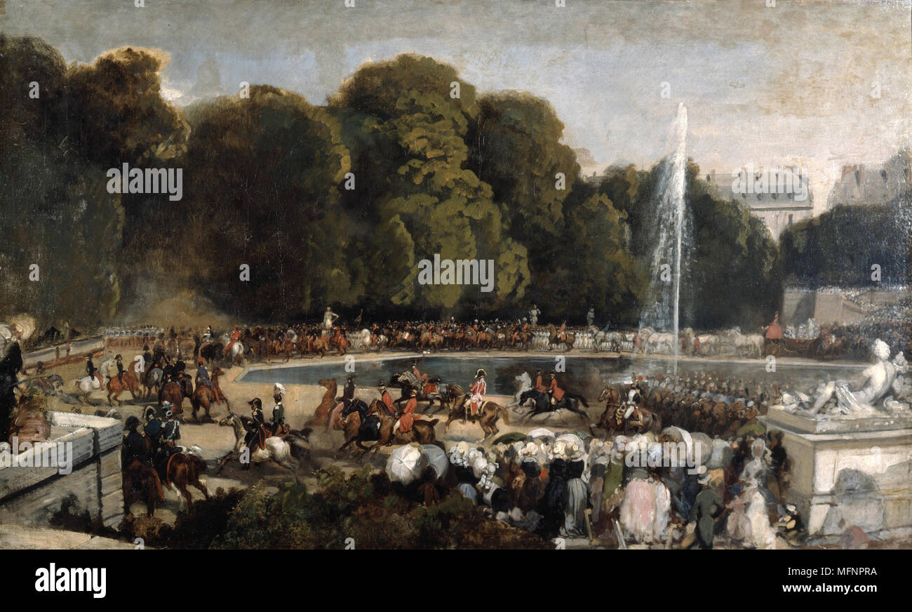 Duchesse d'Orléans dans le jardin des Tuileries" huile sur toile. Eugène Lami (1800-1890) peintre français. Paris France Cérémonie Image Fontaine Banque D'Images