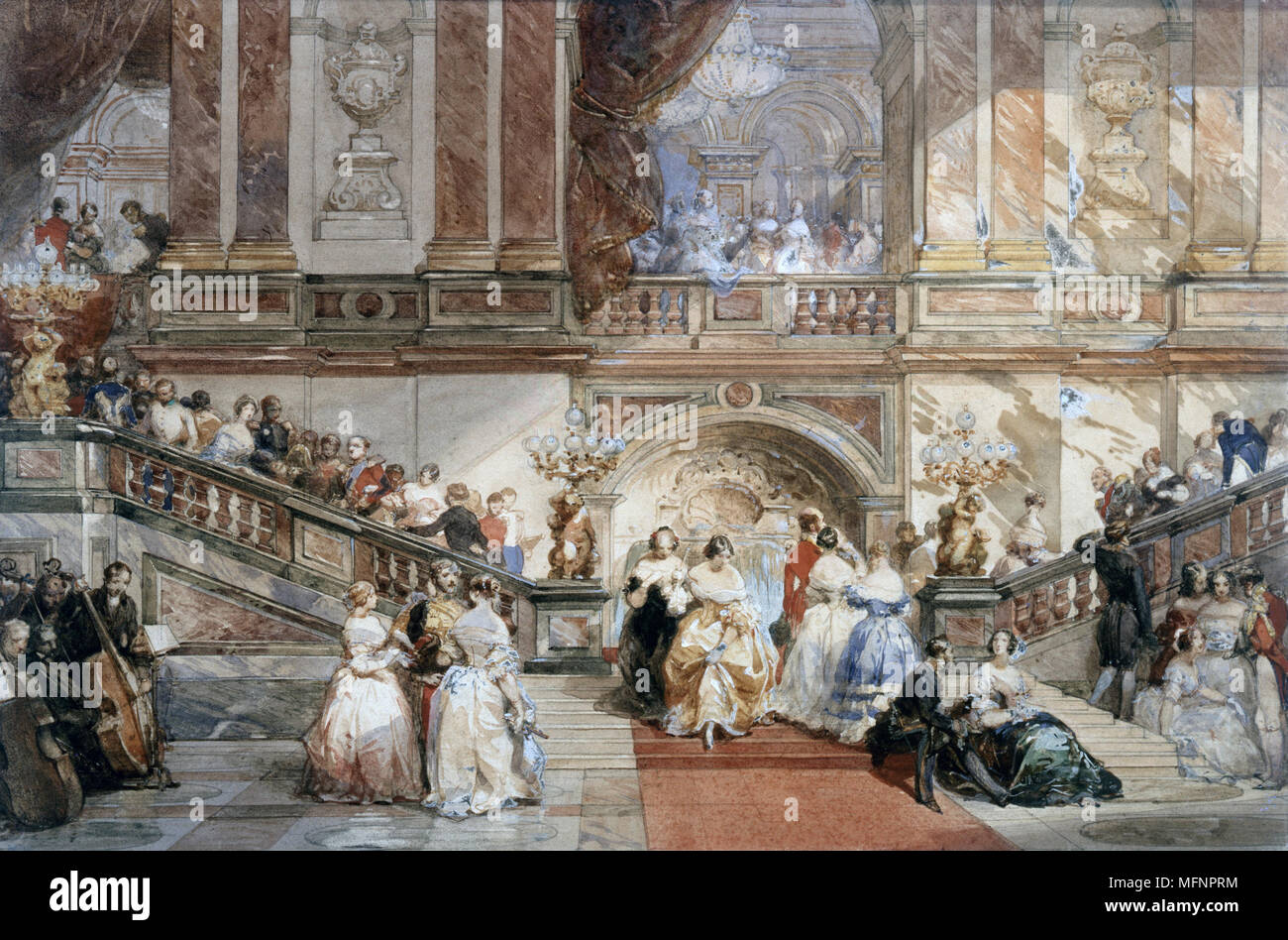 Bal à l'Hôtel de Ville c1860. L'aquarelle. Eugène Lami (1800-1890) peintre français. Escalier en marbre avec des invités présents à la mode à Paris. L'opulence de l'Orchestre de musique de divertissement de la société Banque D'Images