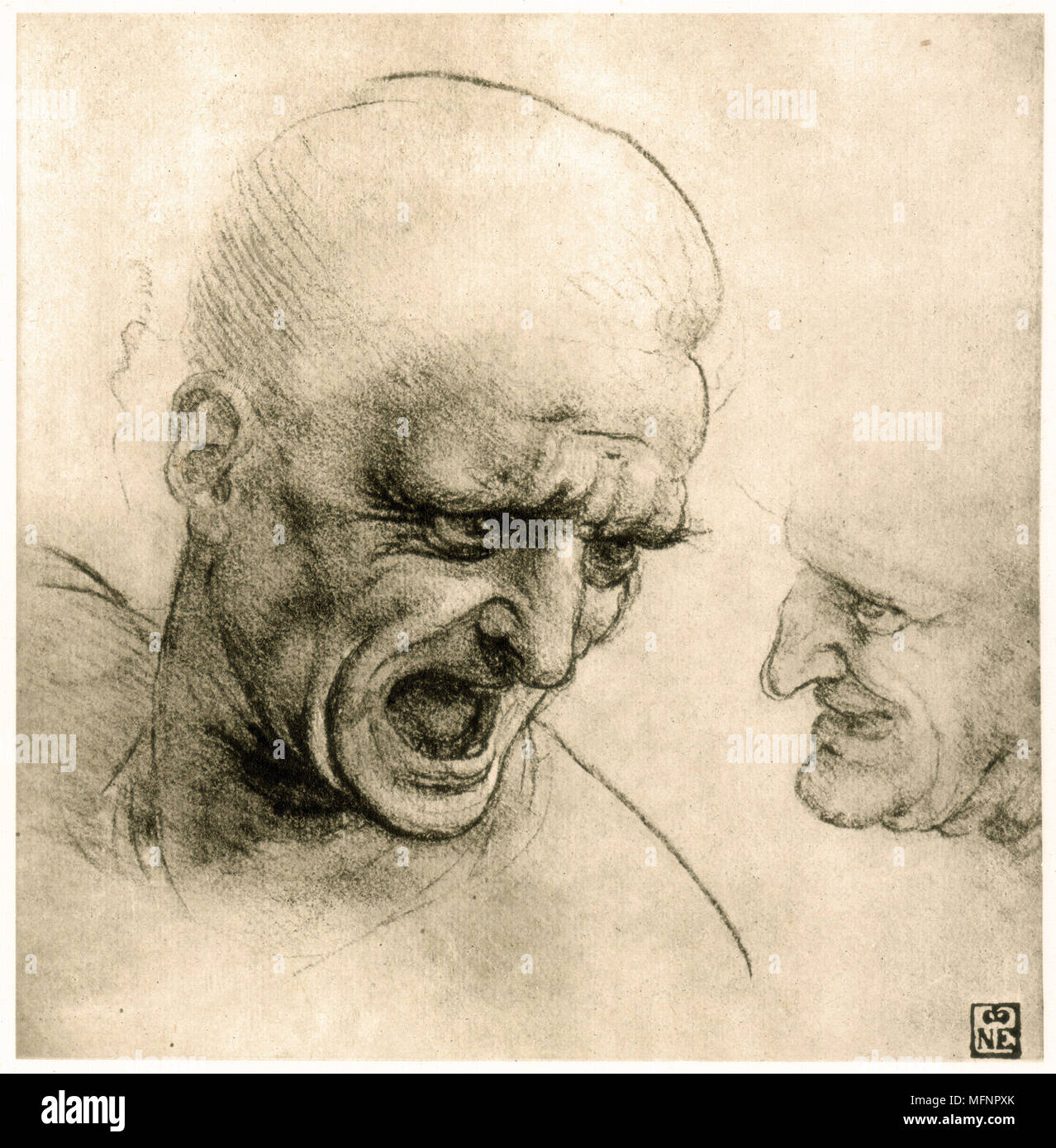 Étude pour un guerrier à la tête. Leonardo da Vinci (1452-1519) Haute Renaissance italienne polymathe et artiste. Banque D'Images