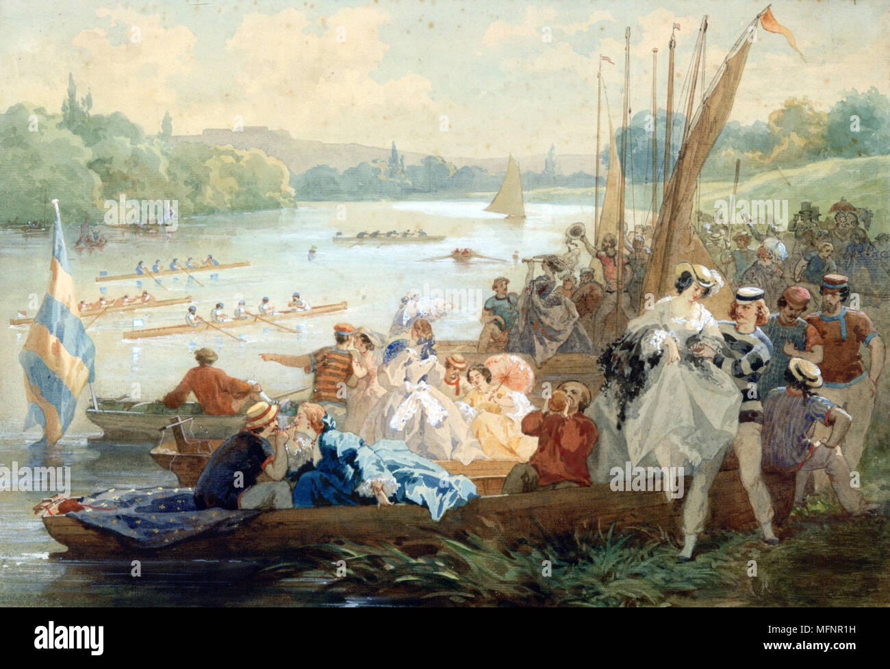 Regatta à Asnieres sous le Second Empire. Aquarelle et gouache sur papier. Anthony Paul Emile Moron (actif 1868-1905) peintre français. France Paysage Rivière eau Aviron Flirting Hommes Femmes Banque D'Images