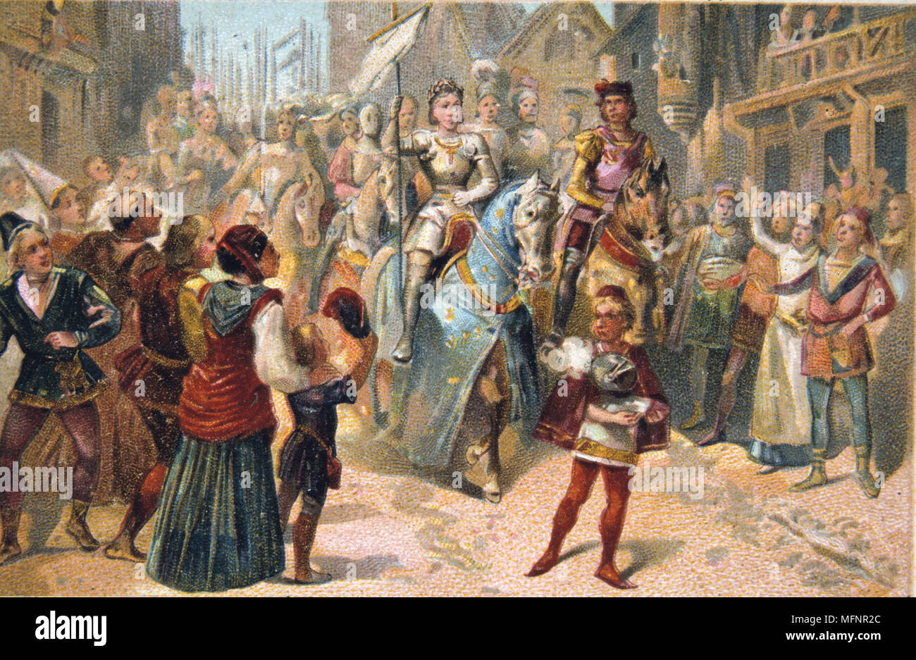 Jeanne d'Arc (Saint Joan c1412-1431) héroïne nationale française pendant la Guerre de Cent Ans entre la France et l'Angleterre. Joan entrant dans Orléans en triomphe, 1429. Xixe siècle Trade Card Chromolithographie Banque D'Images