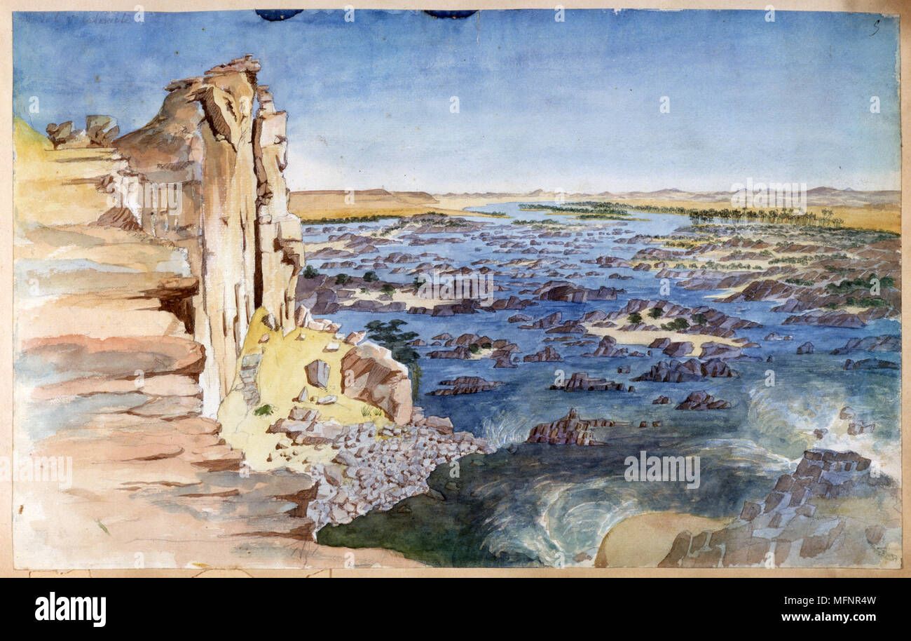Vue sur le Nil à la Deuxième cataracte. L'aquarelle. Nestor l'Hote (1804-1842), égyptologue français. La deuxième ou la Grande Cataracte, Nubia, a été submergé par le lac Nasser. River l'Égypte Banque D'Images