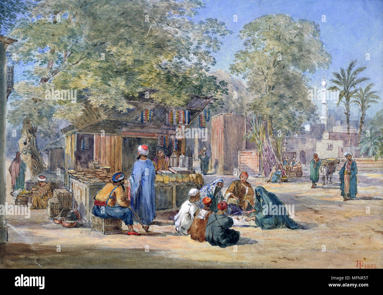 Scène dans l'Égypte Town', c1869. Aquarelle et crayon. Henry Pilleau (1813-1899) peintre français. Scène de rue avec des figures d'hommes et de femmes voilées, boutique/stall à l'ombre de l'arbre, à droite bakground. Banque D'Images