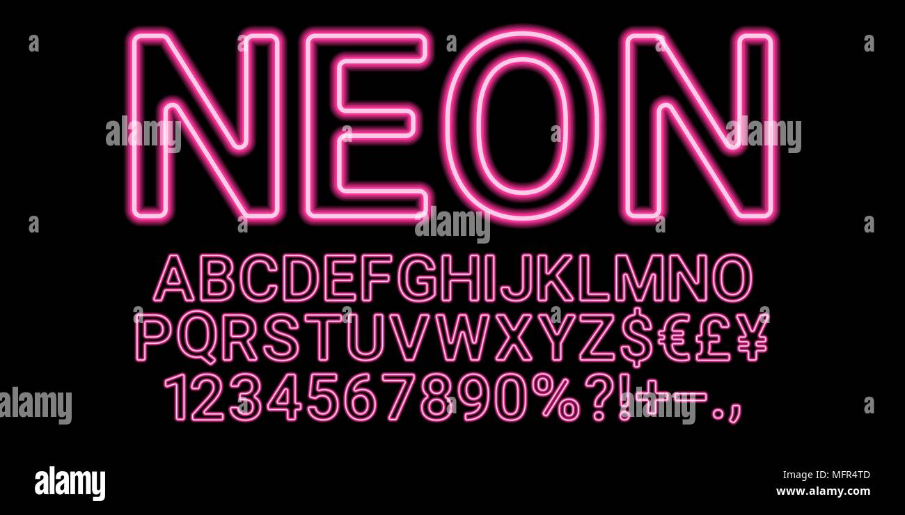 Neon font en rose. Vector collection of latin des lettres de néon, néon alphabet composé de lignes sur le fond sombre Illustration de Vecteur