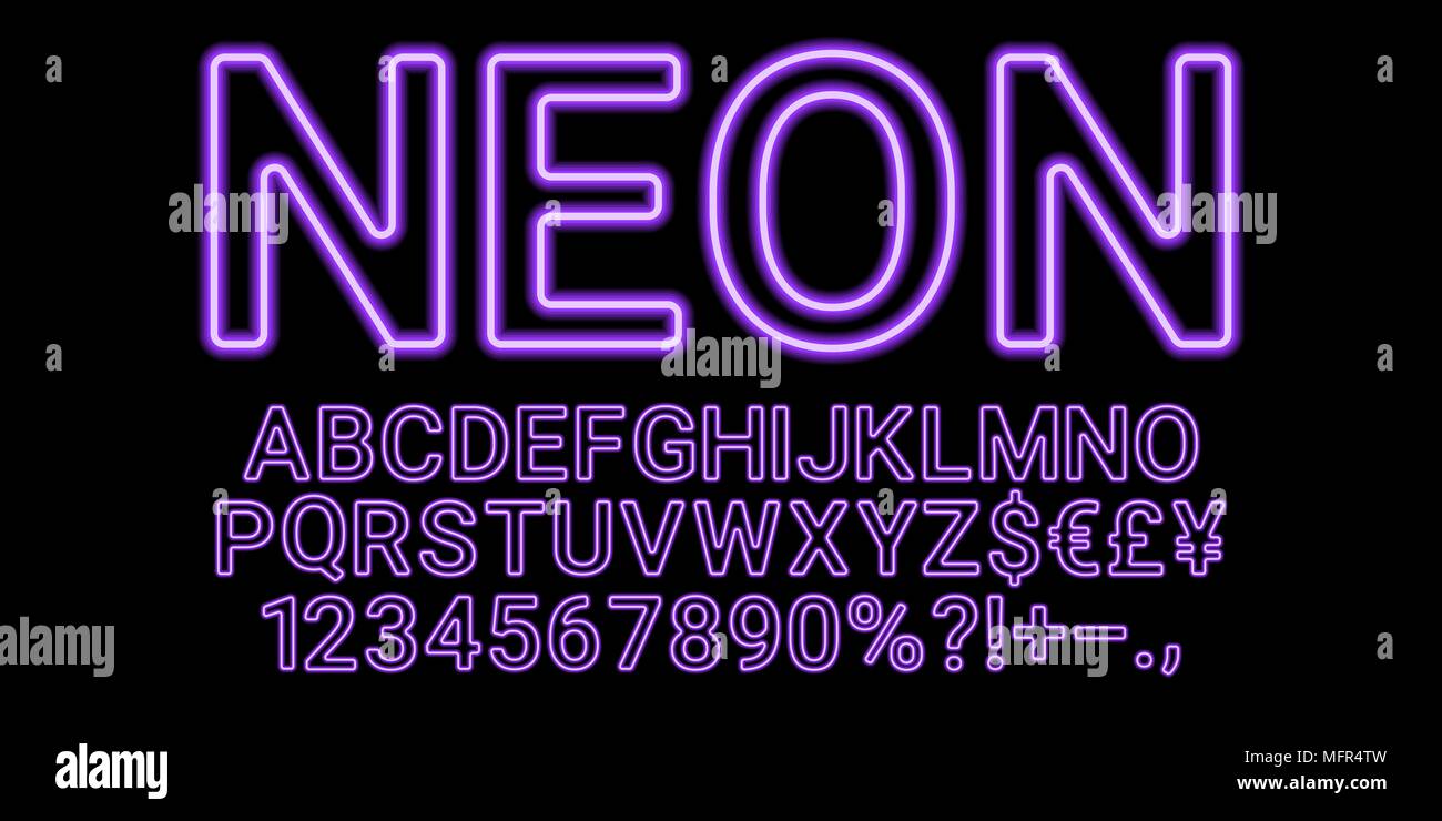 Neon font en couleur violette. Vector collection of latin des lettres de néon, néon alphabet composé de lignes sur le fond sombre Illustration de Vecteur