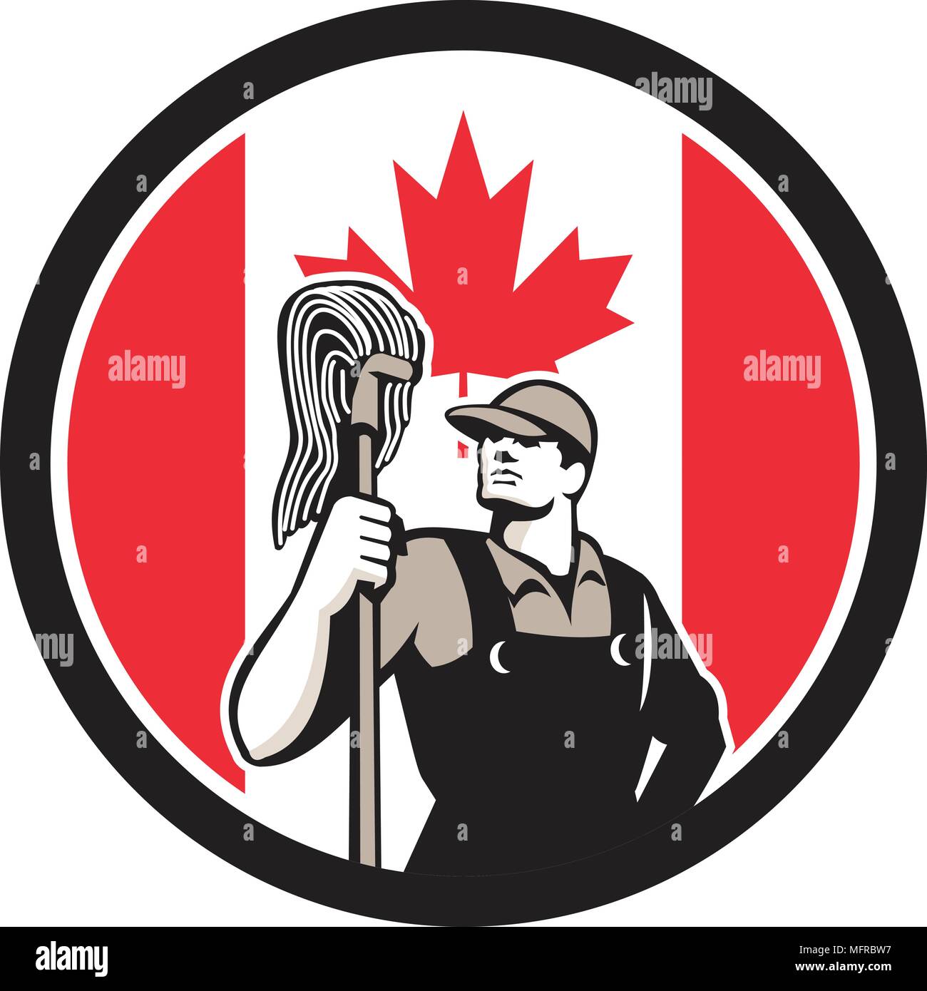 Style rétro icône illustration d'un joueur professionnel nettoyant industriel ou des services de nettoyage worker holding mop avec le drapeau à feuille d'érable situé dans Illustration de Vecteur