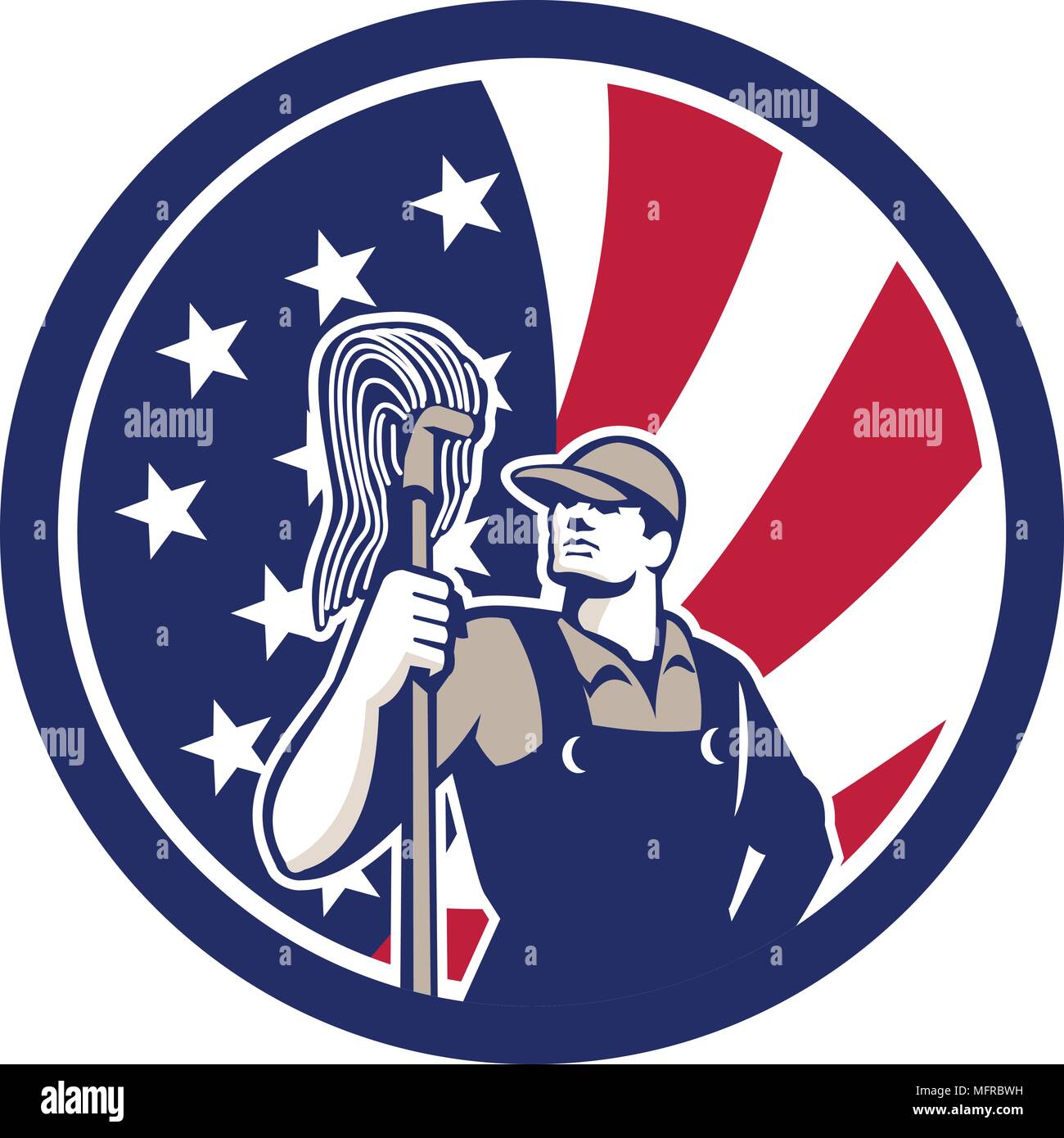 Style rétro icône illustration d'un nettoyant industriel ou des services de nettoyage worker holding mop avec United States of America USA Illustration de Vecteur