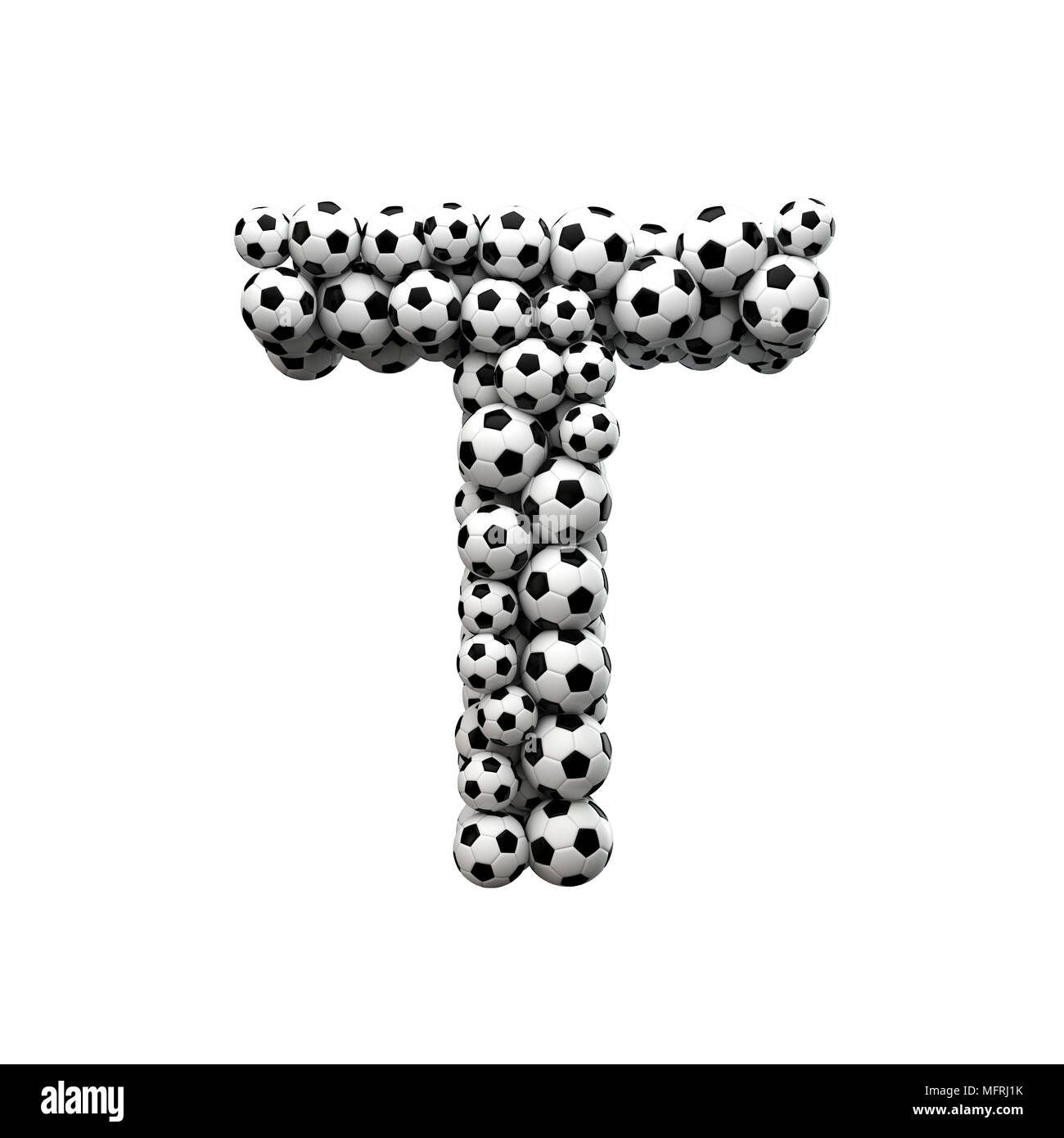 La lettre T font fabriqué à partir d'une collection de ballons de soccer. Le Rendu 3D Banque D'Images