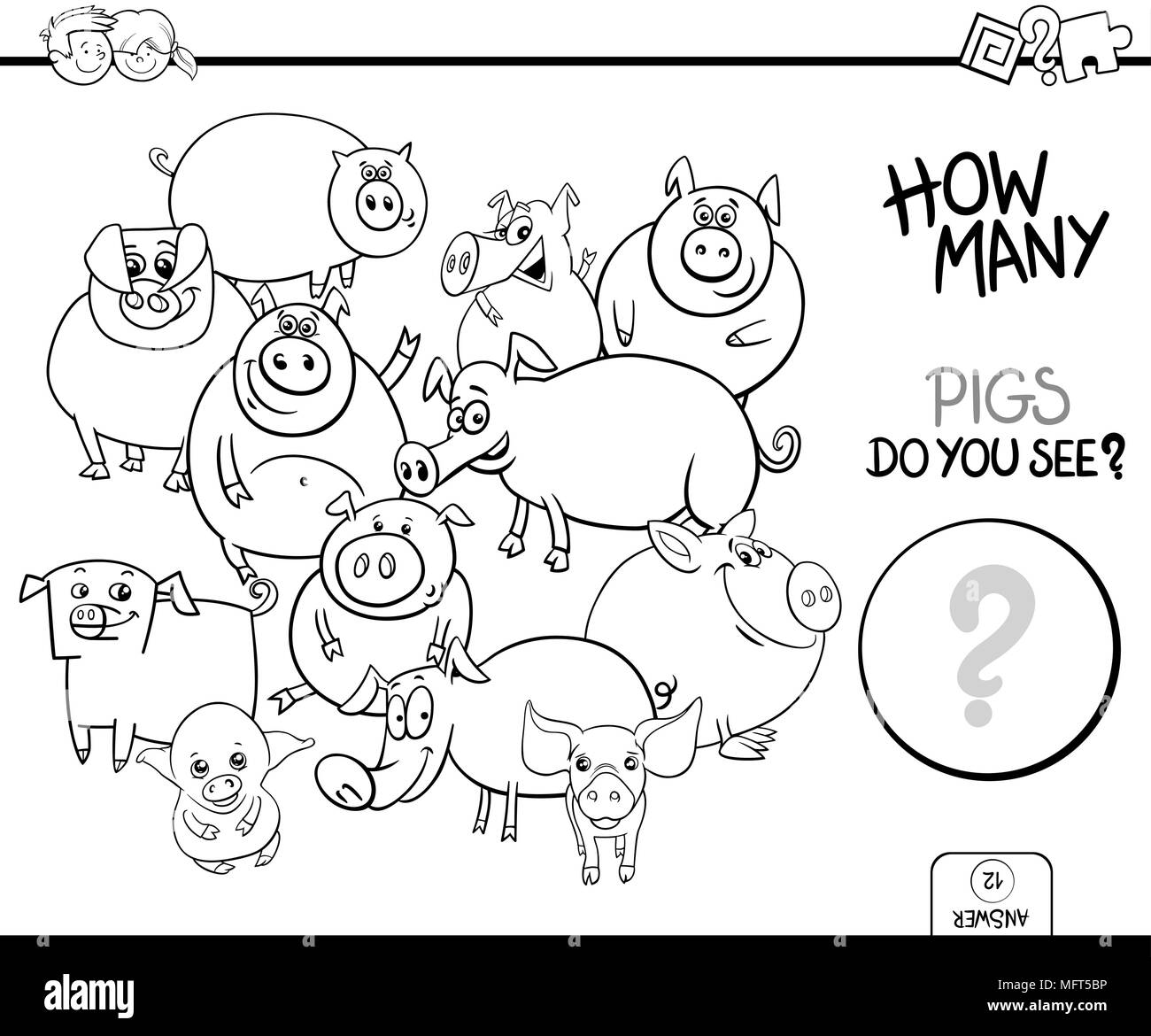 Cartoon noir et blanc Illustration de l'activité de comptage d'éducation jeu pour les enfants avec des animaux d'élevage des cochons à colorier Personnages Illustration de Vecteur