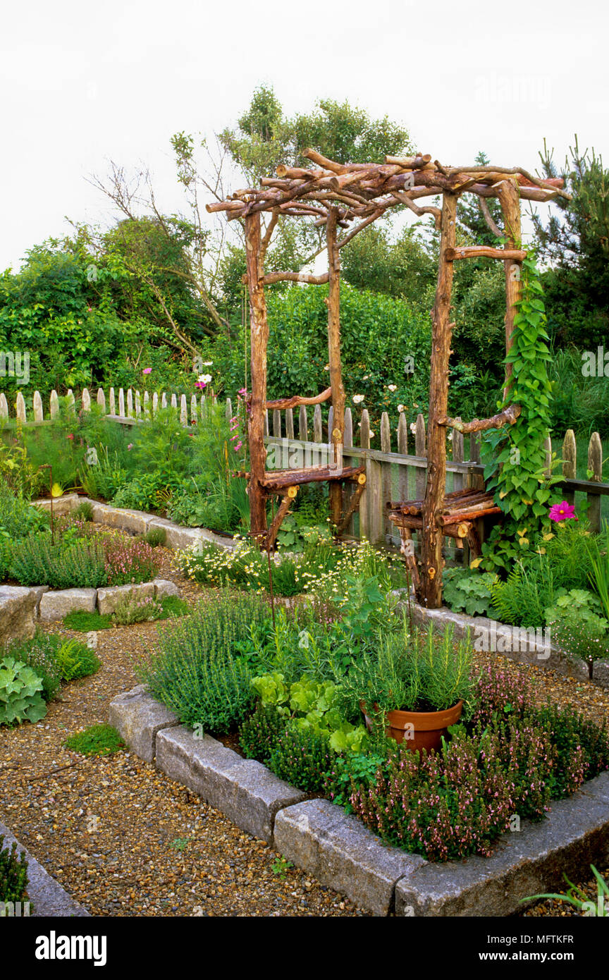 Herb Garden Arbour au milieu du siège d'appoint et les semis de Clematis 'Comtesse de Bouchaud', Ipomoea, Teucrium chamaedrys, Rosmarinus officinals dans le conta Banque D'Images