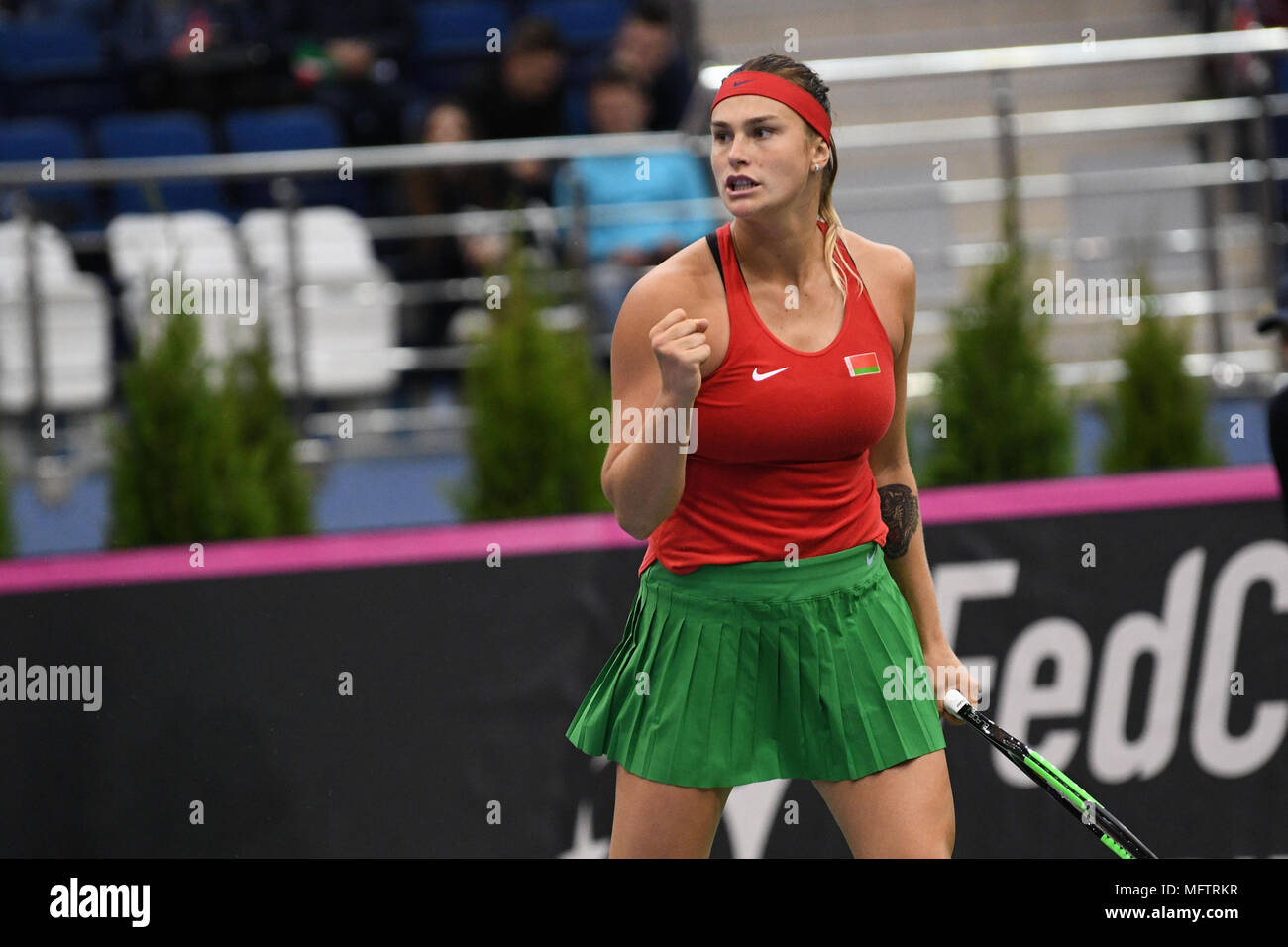 Minsk, Belarus. 21 avril, 2018. Sabalenka Aryna (BLR) lors d'un match contre FedCup Vikoria Kuzmova joué à Chizhovka Arena à Minsk, Bélarus Banque D'Images