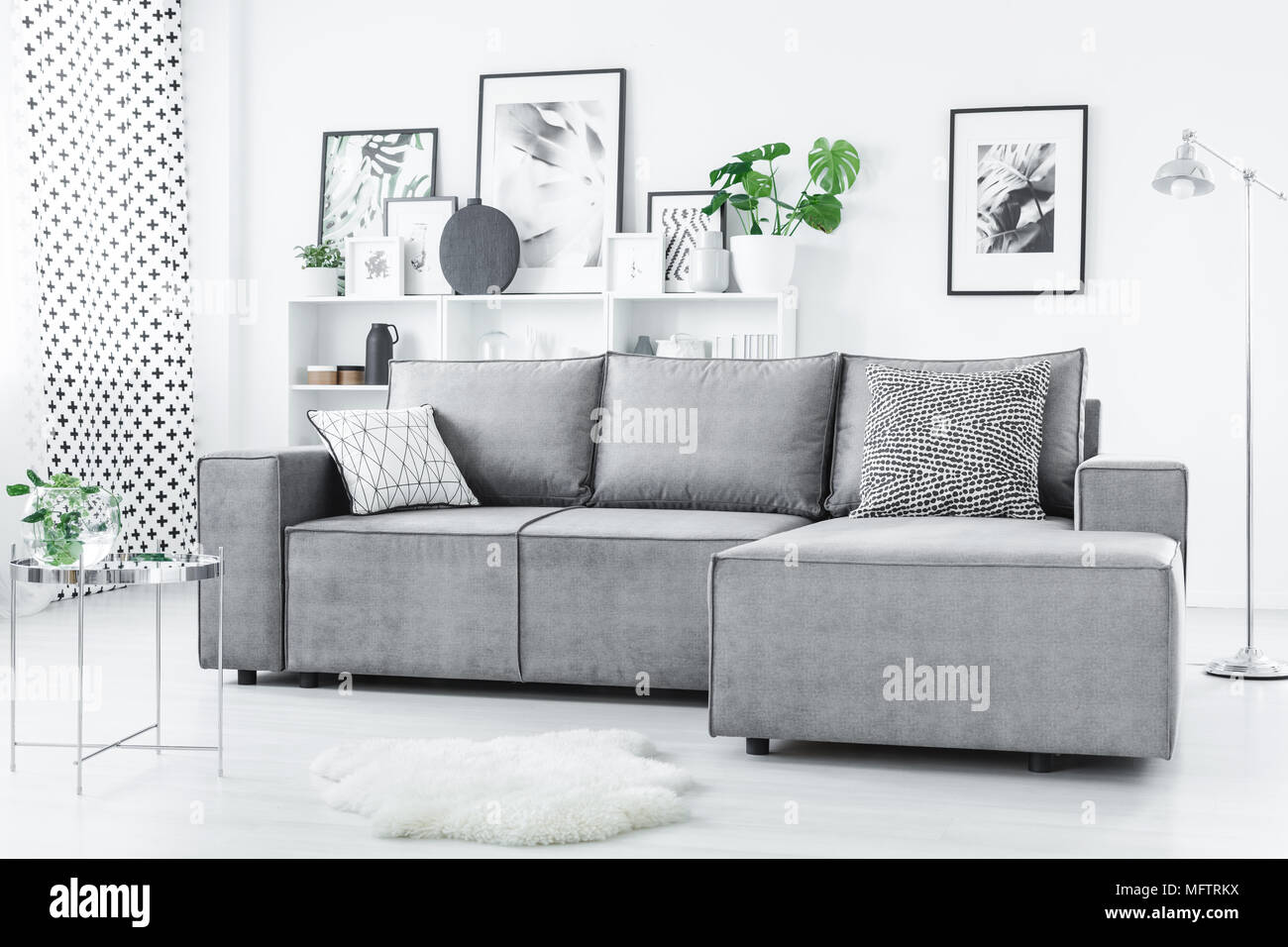 De simples affiches et des plantes fraîches placés dans white studio intérieur avec canapé d'angle et de tapis moelleux Banque D'Images