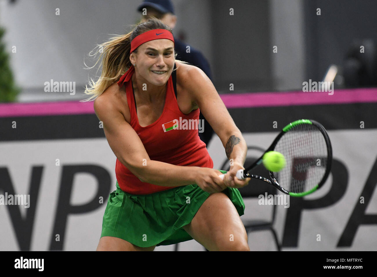 Minsk, Belarus. 22er avril, 2018. Sabalenka Aryna (BLR) lors d'un match contre FedCup Anna Karolina Schmiedlova (SVK) joué à Chizhovka Arena à Minsk, Bélarus Banque D'Images