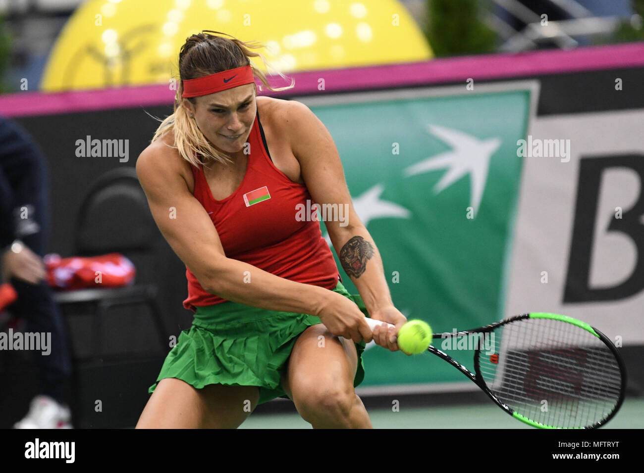 Minsk, Belarus. 21 avril, 2018. Sabalenka Aryna (BLR) lors d'un match contre FedCup Vikoria Kuzmova joué à Chizhovka Arena à Minsk, Bélarus Banque D'Images