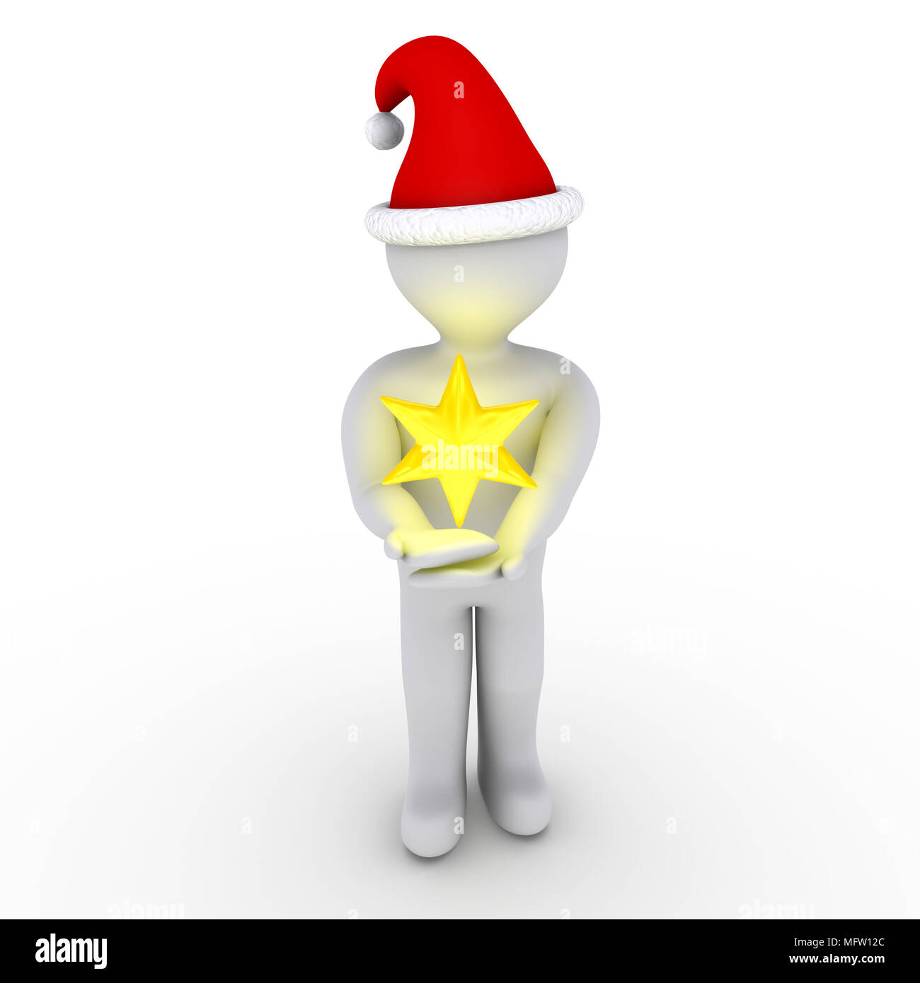 Personne 3d avec chapeau de Noël est maintenant soigneusement une étoile jaune Banque D'Images
