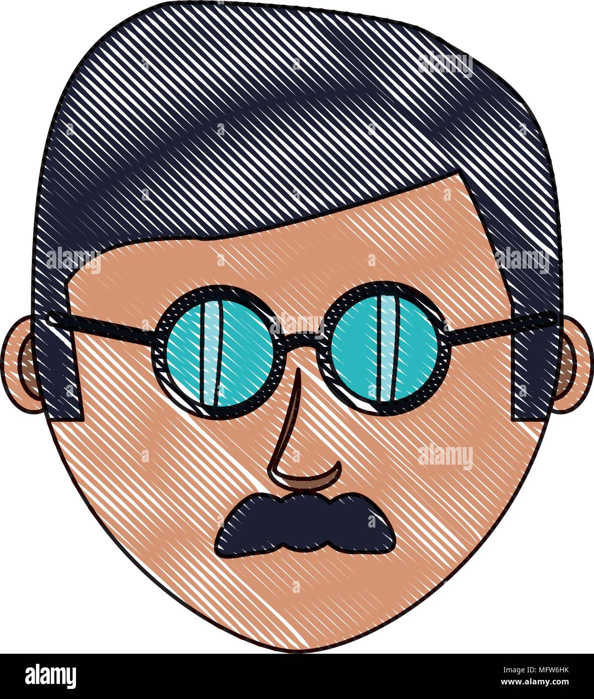 L'homme dessin animé avec moustache et lunettes de soleil sur fond blanc,  design coloré. vector illustration Image Vectorielle Stock - Alamy