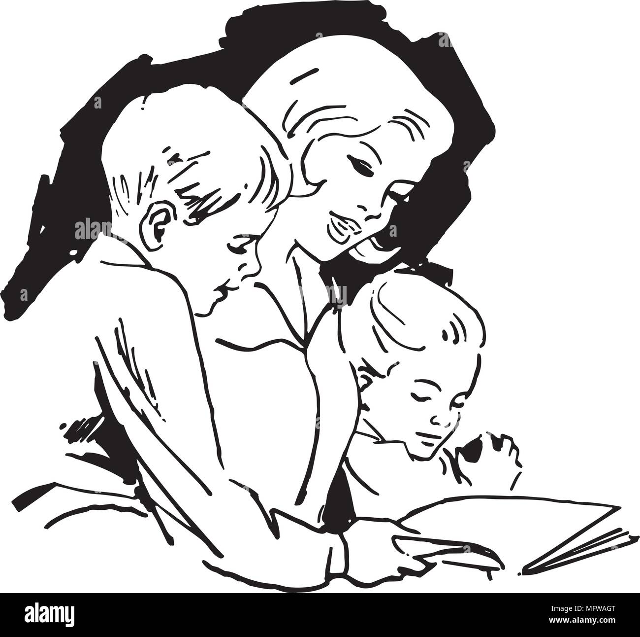 Maman la lecture avec les enfants - Retro Clipart Illustration Illustration de Vecteur