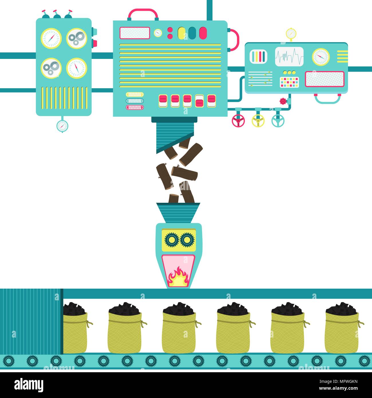 Machines traitant et brûler du bois de sciage et de fabrication de sacs de charbon. Illustration de Vecteur