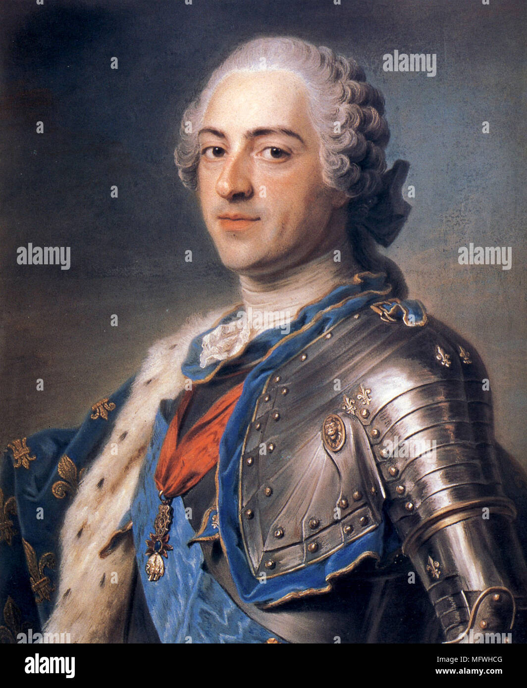 Louis XV , Louis XV (15 février 1710 - 10 mai 1774), connu sous le nom de Louis le bien-aimé, monarque de la Maison de Bourbon qui régna comme roi de France de 1715 jusqu'à 1774. Portrait par Maurice-Quentin de La Tour Banque D'Images