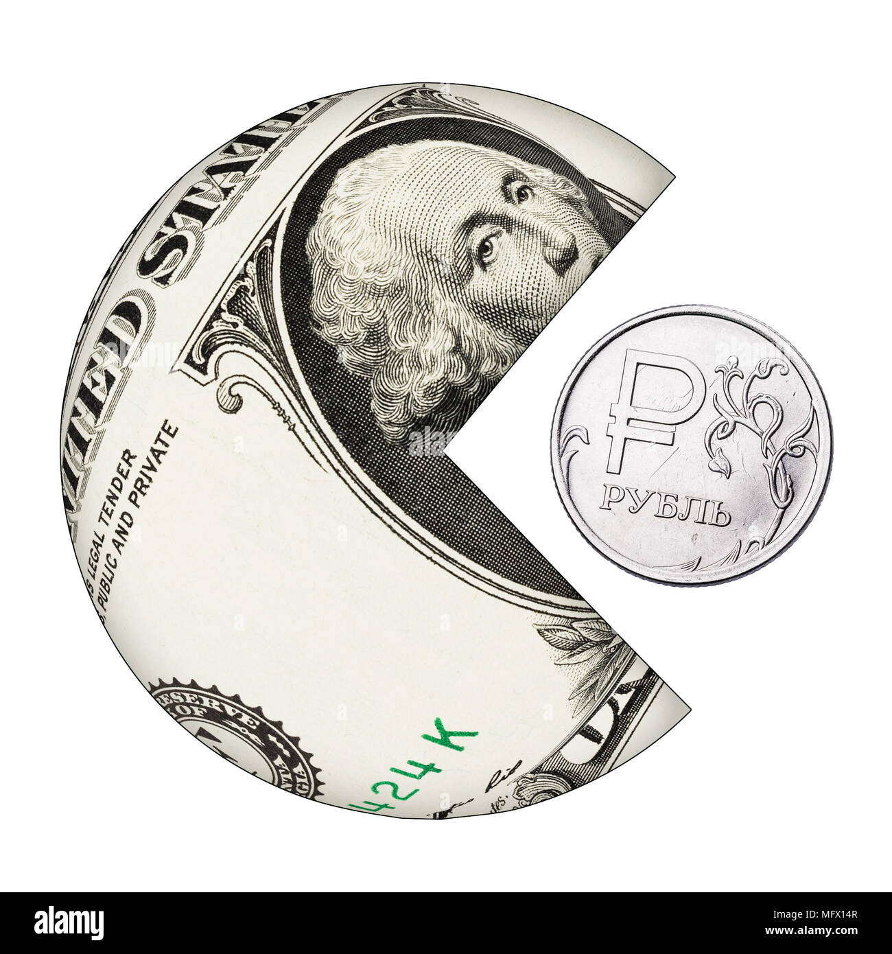 Dollar américain mange au rouble russe libre. Isolé sur fond blanc Banque D'Images
