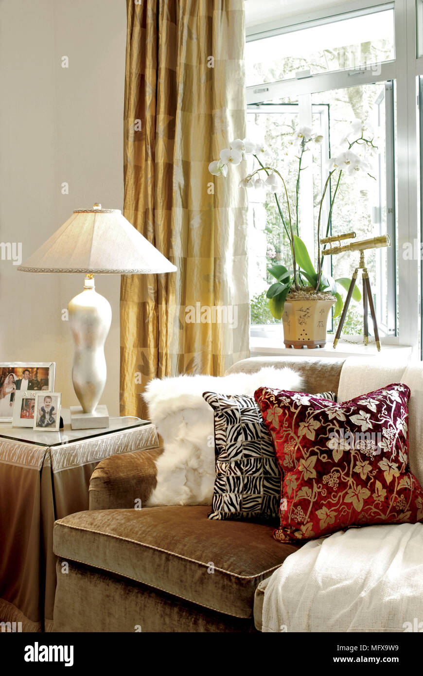 Coussins sur canapé marron en face de fenêtre avec des rideaux d'or dans un style traditionnel salon Banque D'Images