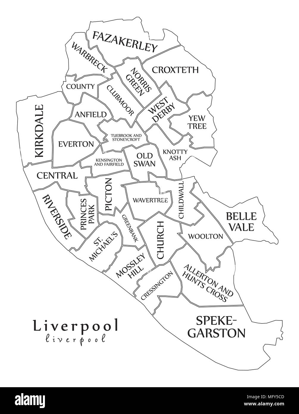 Plan de la ville moderne - ville de Liverpool en Angleterre avec des pupilles et titres UK contour plan Illustration de Vecteur