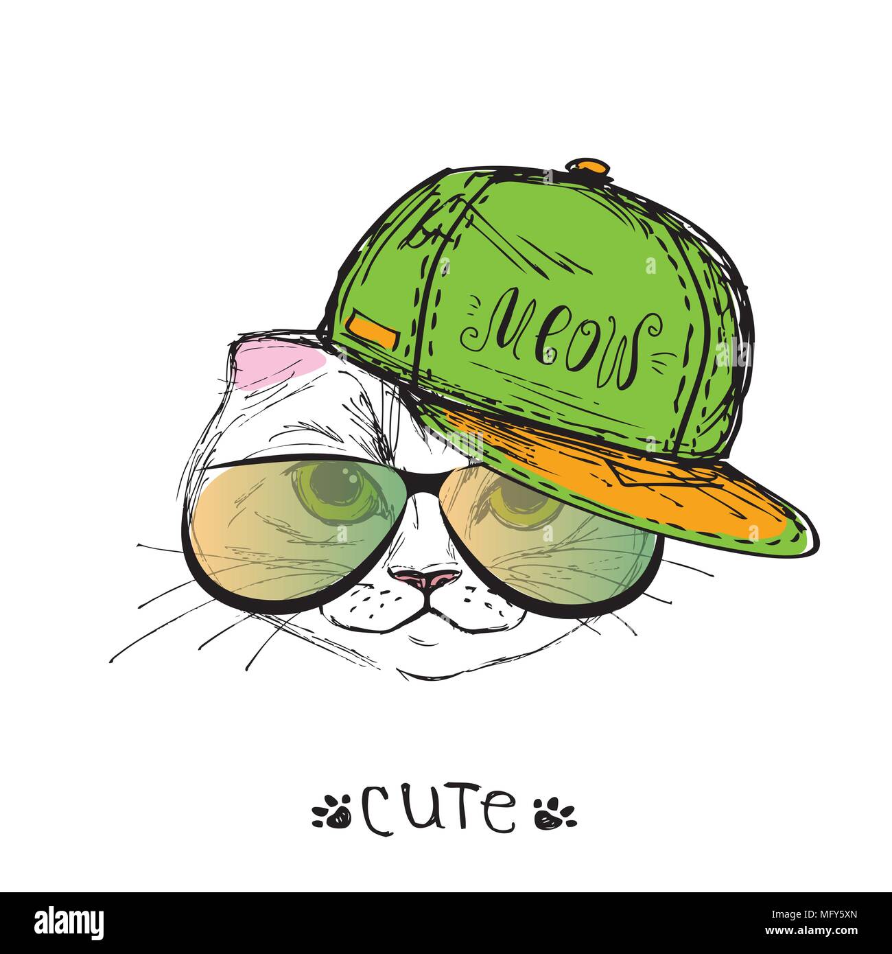 Chat Dans Une Casquette Et Des Lunettes Hand Drawn Vector Illustration Image Vectorielle Stock Alamy