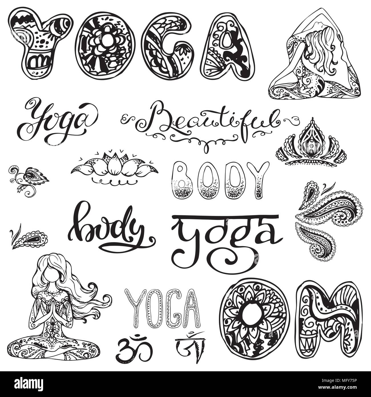 Avec lettrage set Yoga,yoga,ornement. Illustration de Vecteur