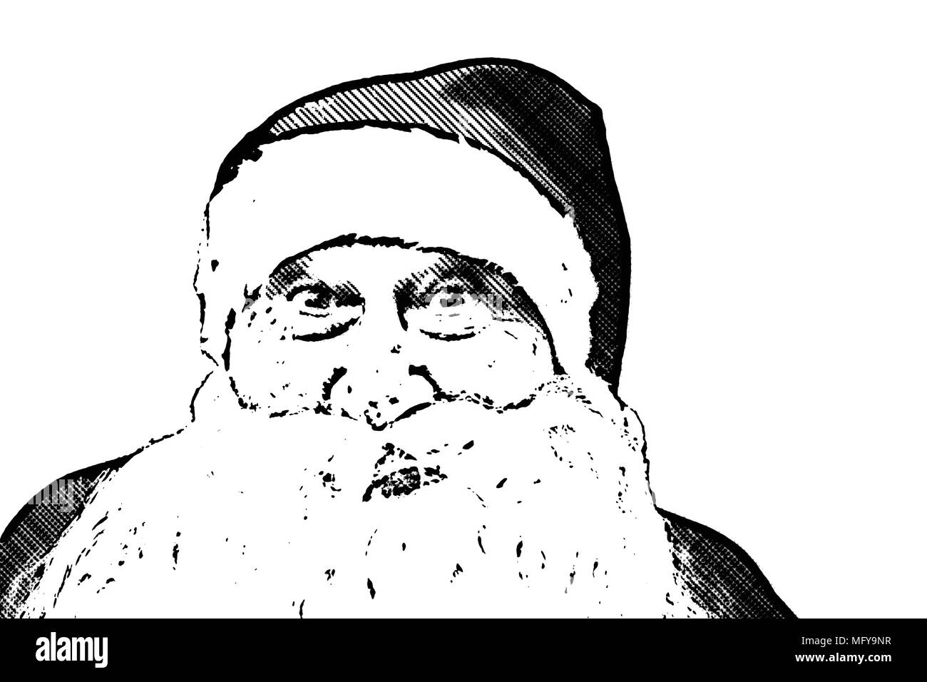 Illustration au crayon de Père Noël avec expression surprise isolé sur fond blanc Banque D'Images