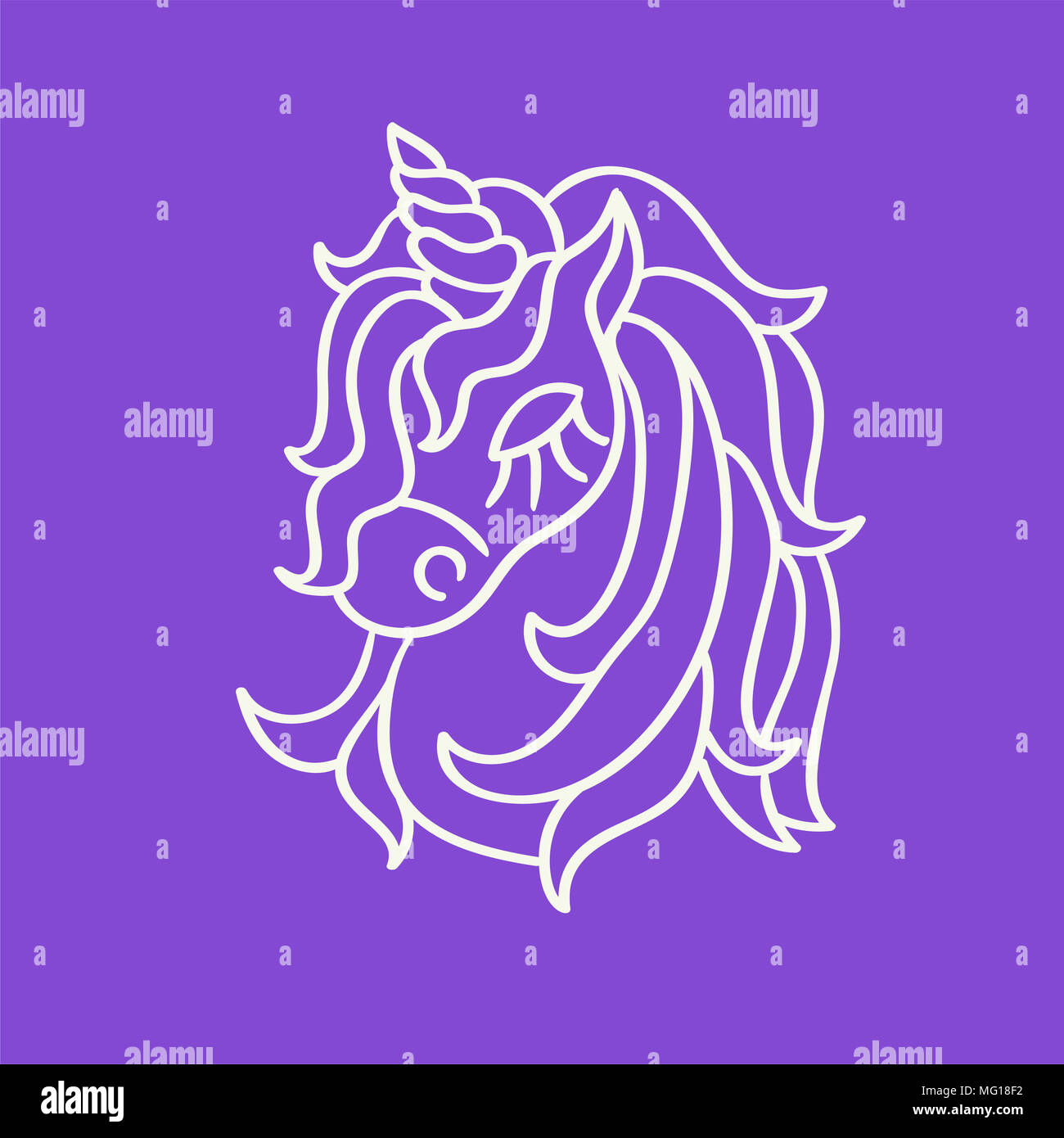 Jolie tête de licorne contour blanc croquis icône sur le fond violet Banque D'Images