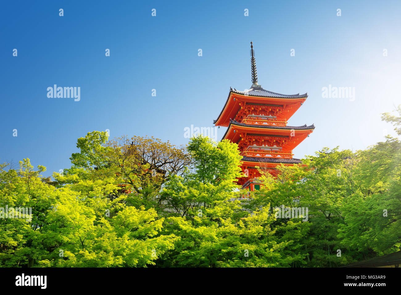 Vue d'ensemble du Temple Kiyomizu-dera avec pagode à Kyoto, Japon Banque D'Images