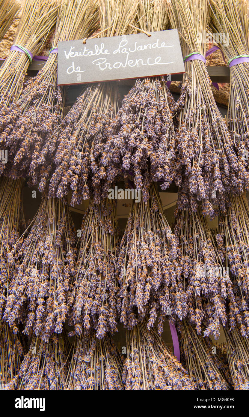 Bouquets de lavande séchée en vente à la distillerie Agnels à Apt, dans le sud de la France Banque D'Images