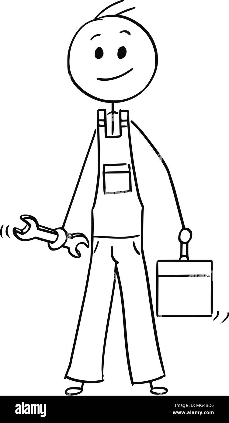 Caricature de travailleur masculin avec une clé et la Boîte à outils ou Boîte à outils Illustration de Vecteur