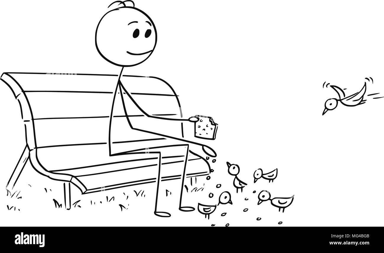 Caricature de l'homme ou Businessman Relaxing on Park Bench et nourrir les oiseaux Illustration de Vecteur