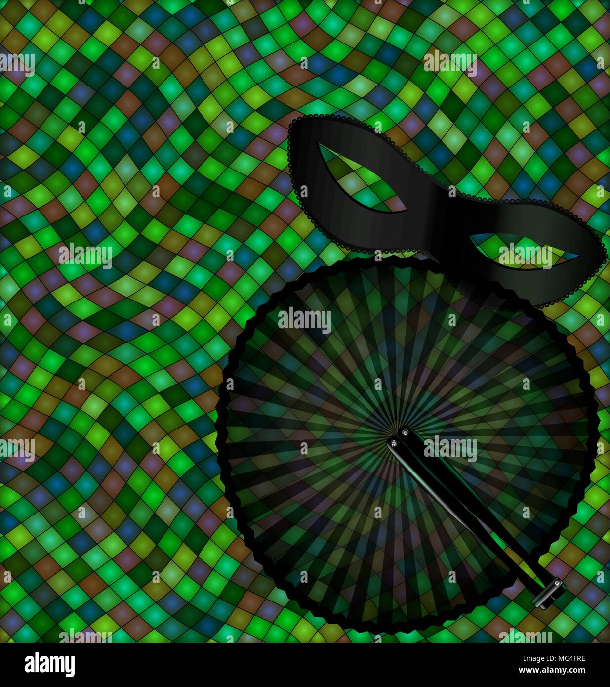 Image de fond de couleur vert abstrait composé de lignes, glaçons avec demi-masque noir carnaval et ventilateur rond Illustration de Vecteur