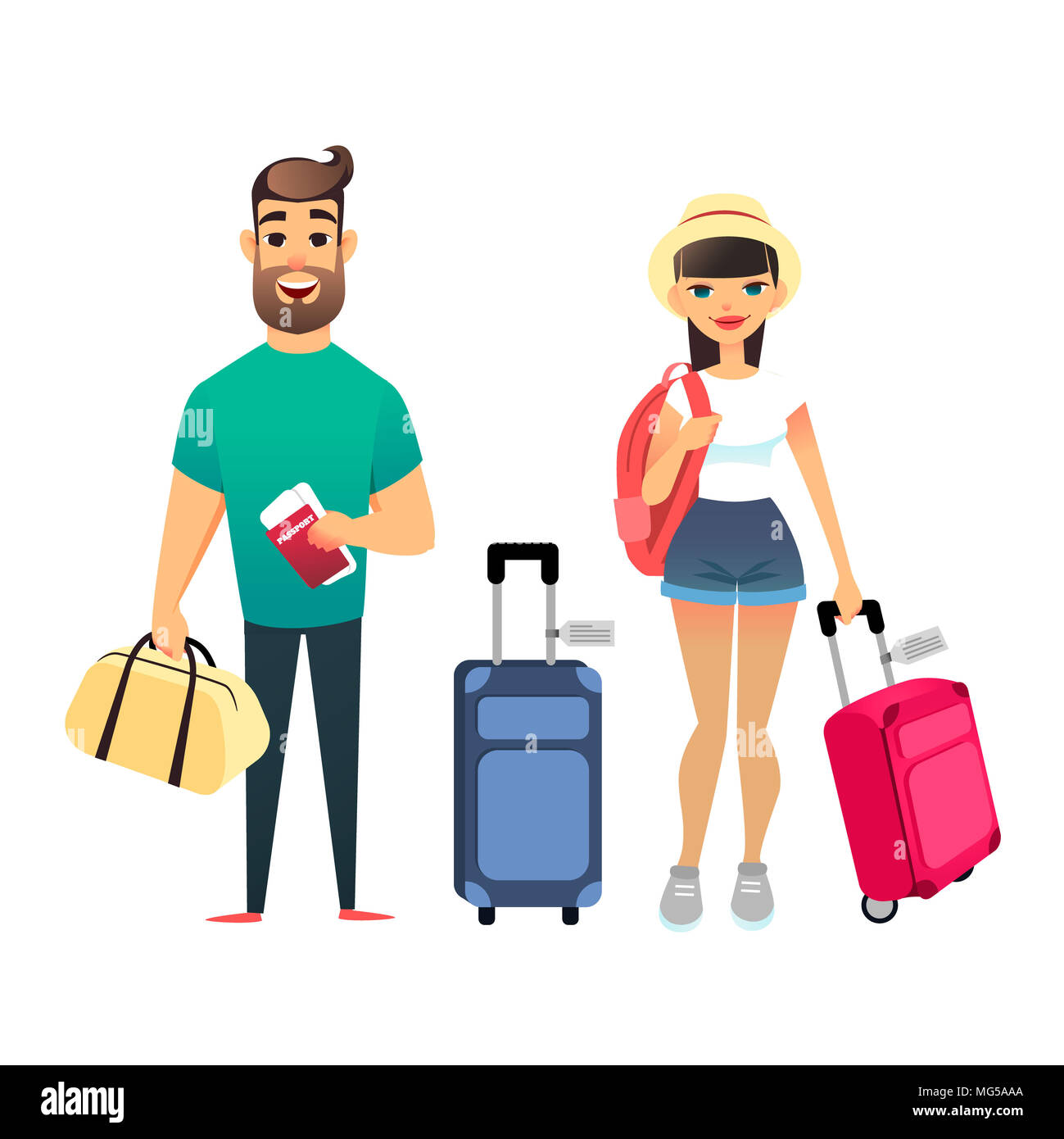 Les personnes en attente de voyager en avion ou en train. Cartoon homme et femme voyageant ensemble. Jeune couple cartoon aller en vacances avec des valises et sacs. L'homme détient des billets et passeports, girl détient sac à dos. Jeunes mariés heureux laisser sur la station balnéaire. Banque D'Images