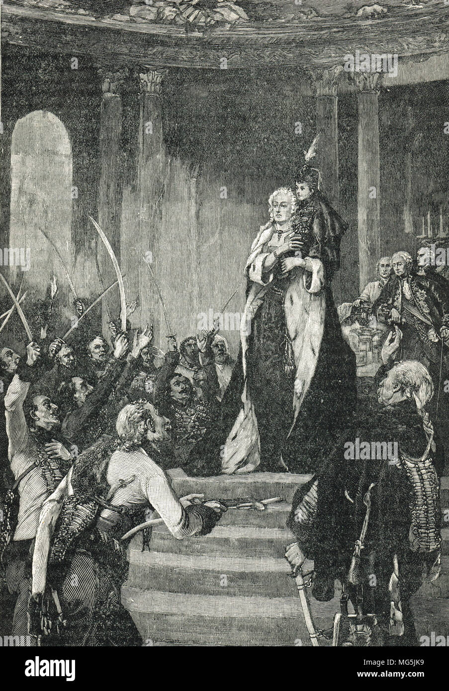 Maria Theresa et le Parlement hongrois, triomphant tenant son fils Joseph, avant le régime de la Hongrie, de Presbourg, Septembre 1741 Banque D'Images