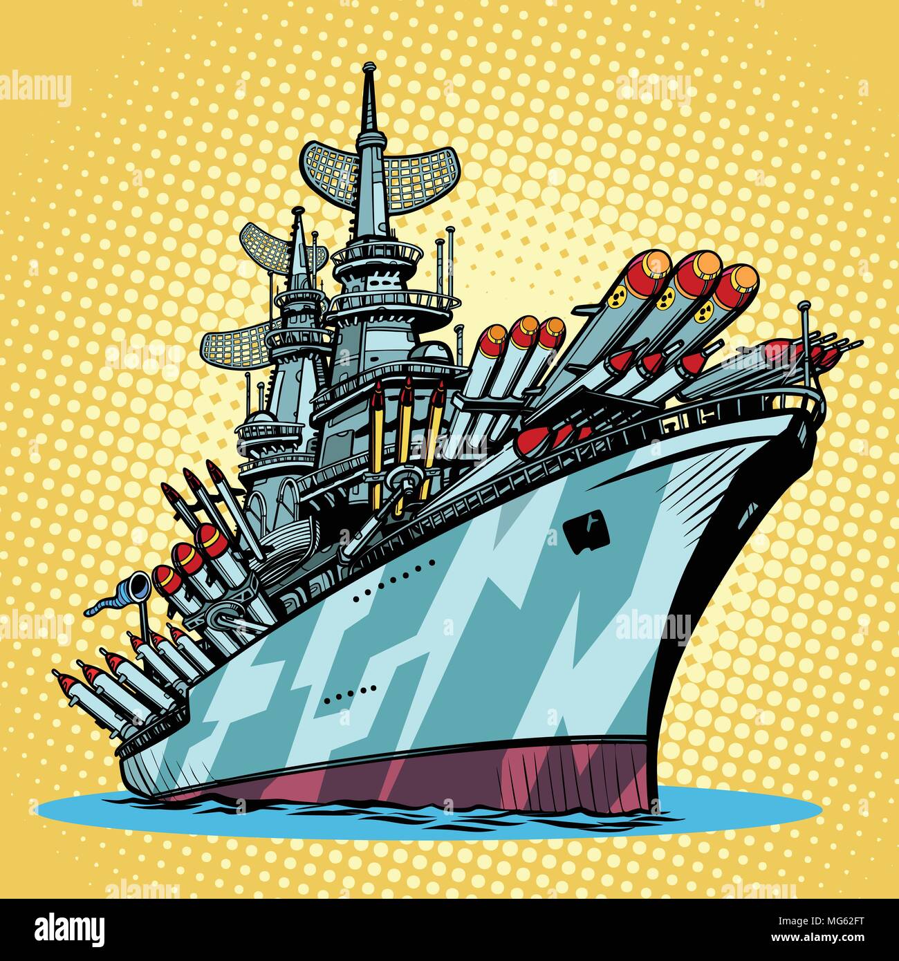 Navire cuirassé, missile cruiser. Comic cartoon vector illustration rétro pop art dessin kitsch Illustration de Vecteur