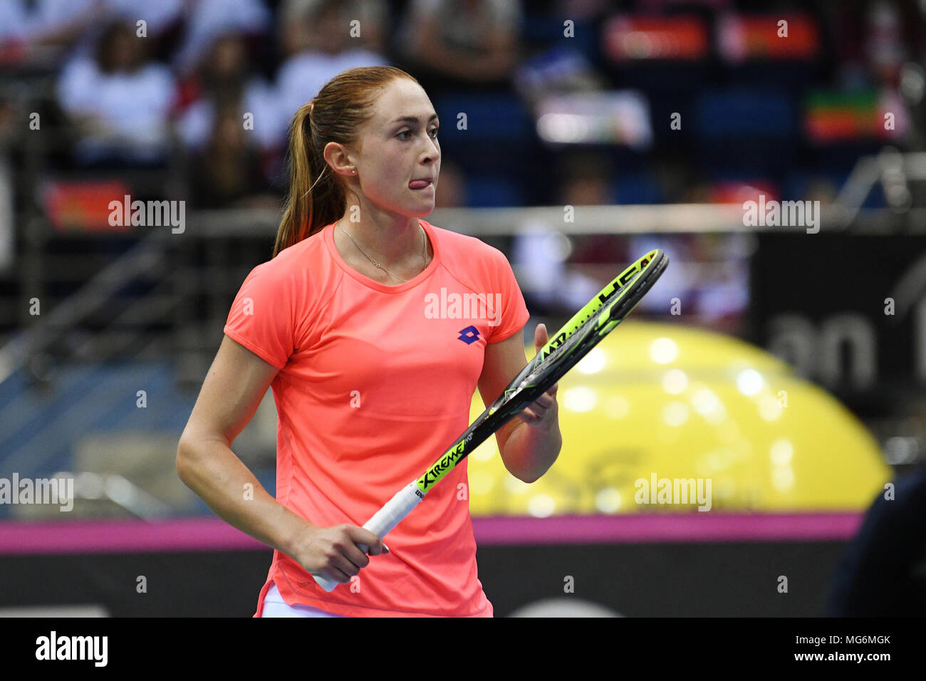 Minsk, Belarus. 21 avril, 2018. Aliaksandra Sasnovich (BLR) lors d'un match contre FedCup Jana Cepelova (SVK) joué à Chizhovka Arena à Minsk, Bélarus Banque D'Images